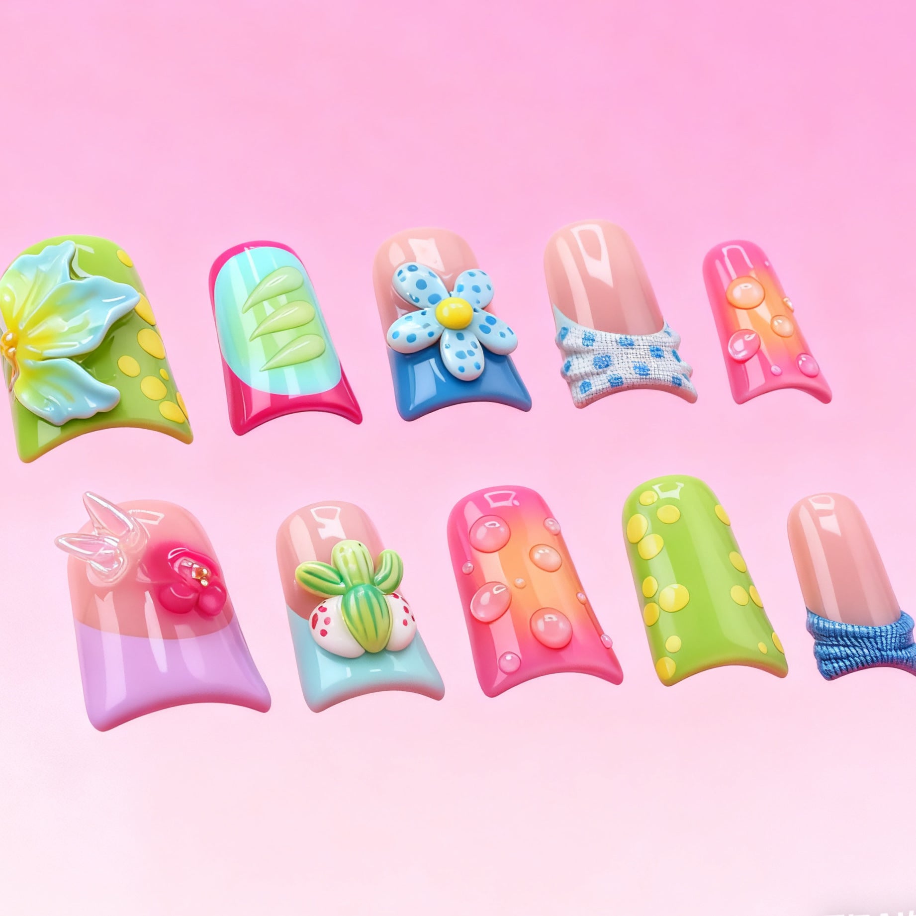 Cute 3D Colorful Butterfly Press On Nails | Summer Pastel Short Square False Nails