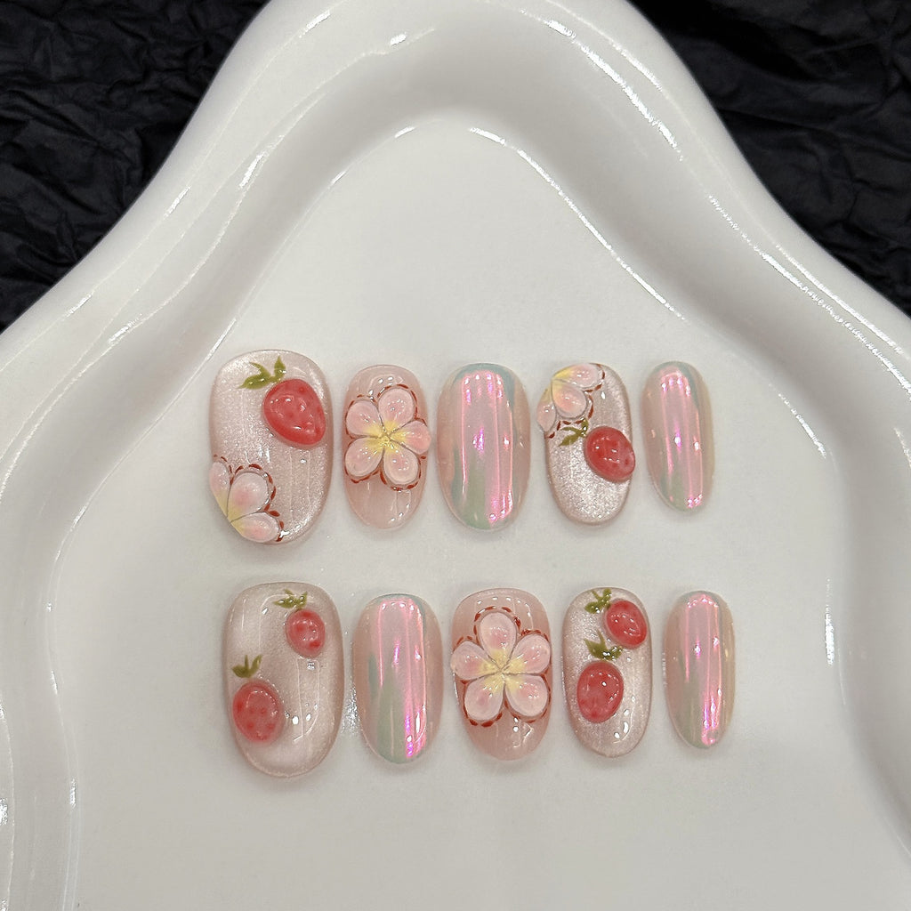 Sweet 3D Strawberry Flower Press On Nails | Pink Aurora Short Oval False Nails