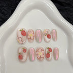 Sweet 3D Strawberry Flower Press On Nails | Pink Aurora Short Oval False Nails