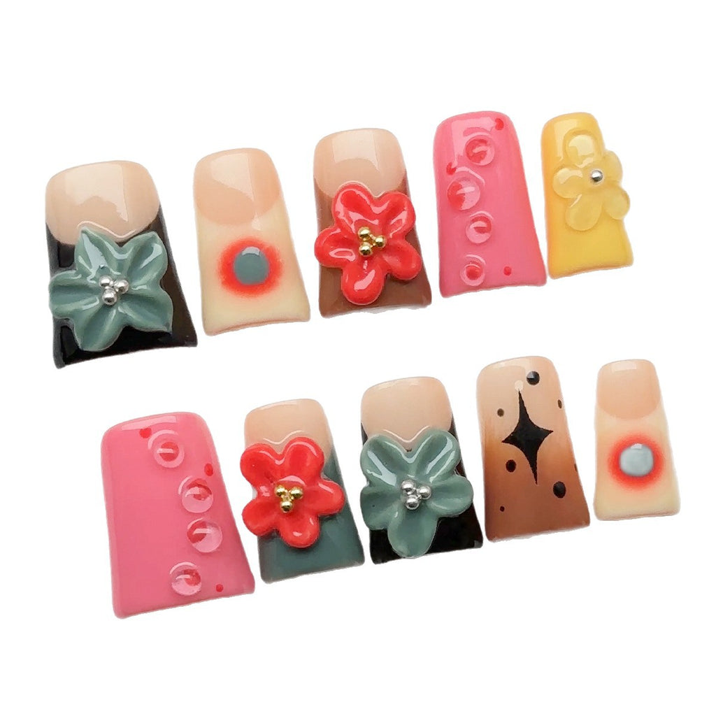 Retro 3D Multicolor Flower Press On Nails | Short Square Bubble False Nails