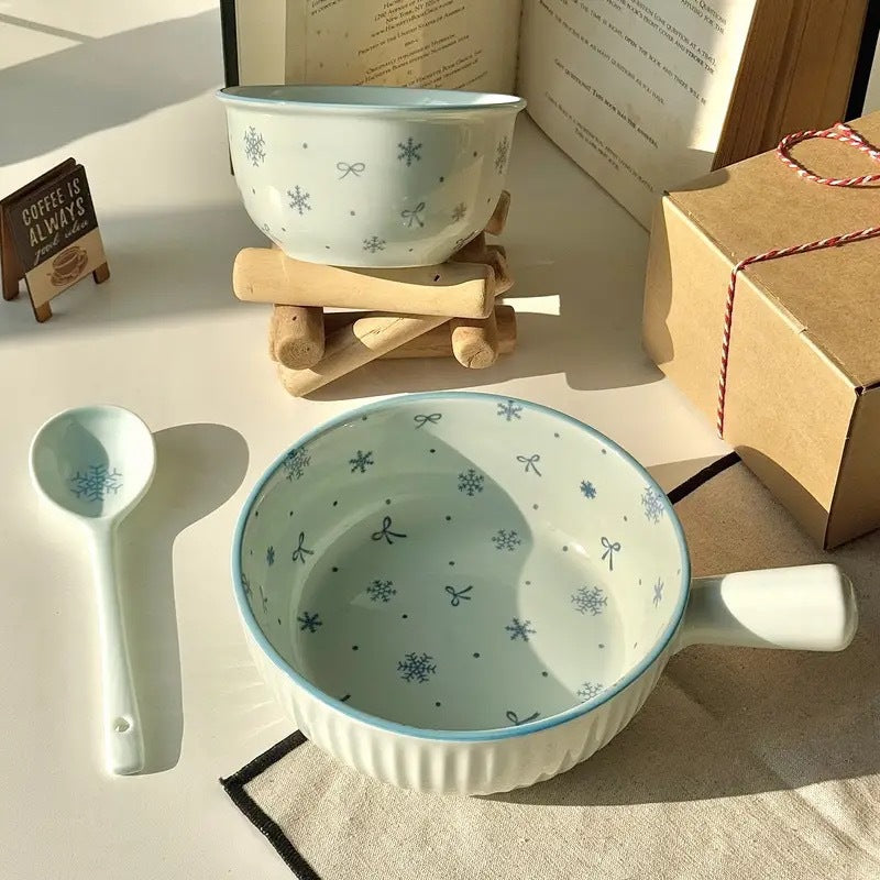 Bibo Winter Snowflake & Bow Ceramic Tableware Set | Cute Blue Scalloped Rim Bowl Plate Spoon Gift Set