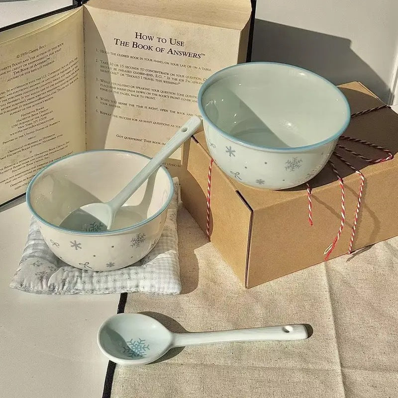 Bibo Winter Snowflake & Bow Ceramic Tableware Set | Cute Blue Scalloped Rim Bowl Plate Spoon Gift Set