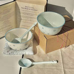 Bibo Winter Snowflake & Bow Ceramic Tableware Set | Cute Blue Scalloped Rim Bowl Plate Spoon Gift Set