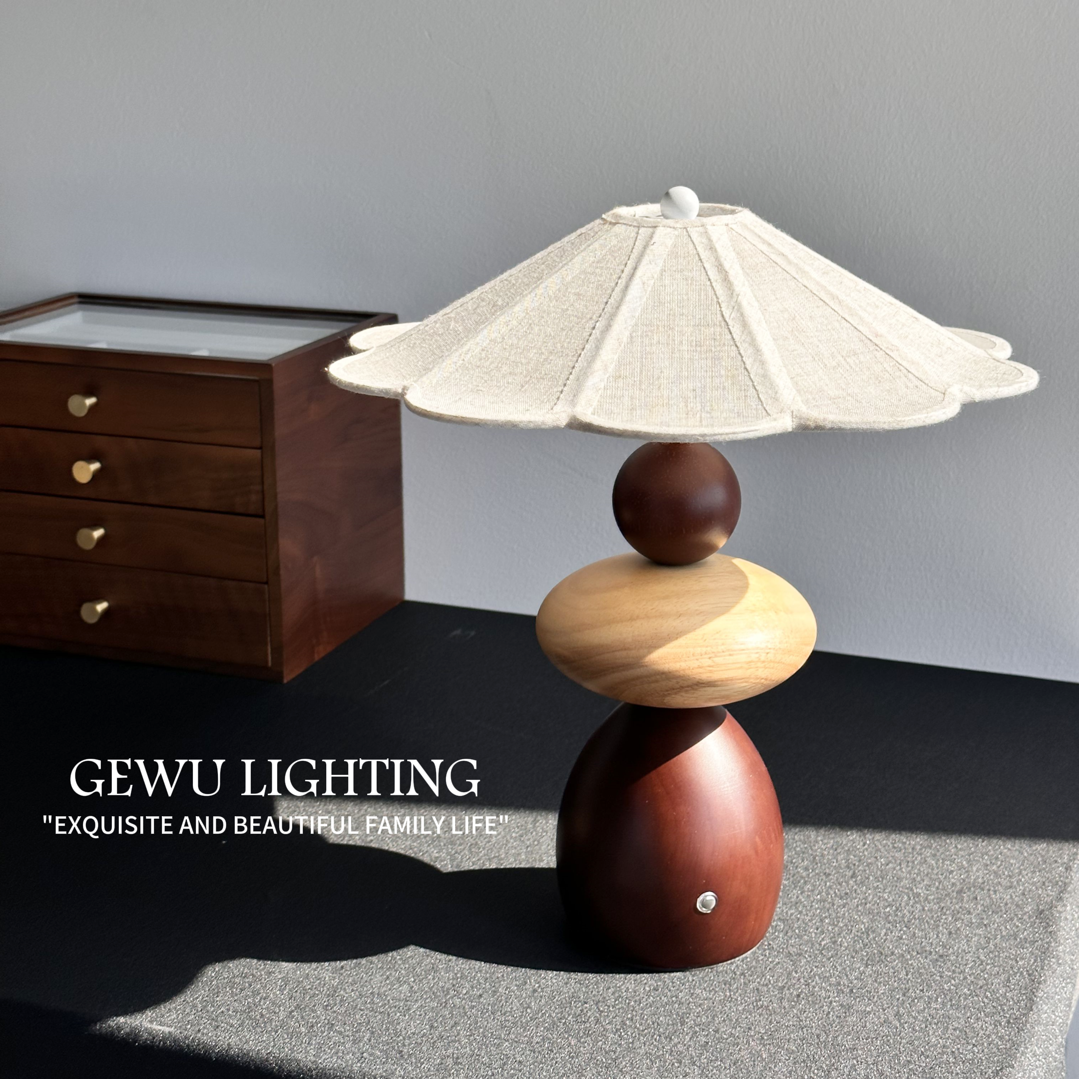 Mid-Century Wooden Table Lamp - Handcrafted Stacked Base with Linen Scalloped Shade
