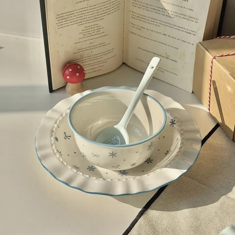 Bibo Winter Snowflake & Bow Ceramic Tableware Set | Cute Blue Scalloped Rim Bowl Plate Spoon Gift Set