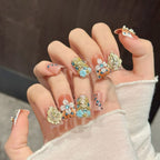 Luxury Baroque Cross Press On Nails | Peach Leopard Rhinestone 3D Flower False Nails