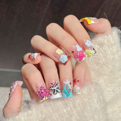 Cute 3D Butterfly Flower Press On Nails | Pink Short Square False Nails