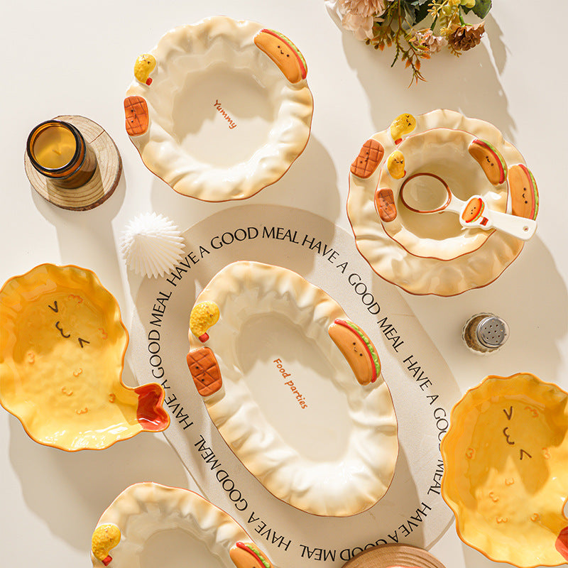 Cute Fast Food 3D Relief Ceramic Tableware Set | Hot Dog Fried Chicken Shaped Bowl Plate Spoon Dinnerware Gift Set