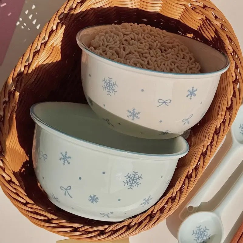 Bibo Winter Snowflake & Bow Ceramic Tableware Set | Cute Blue Scalloped Rim Bowl Plate Spoon Gift Set
