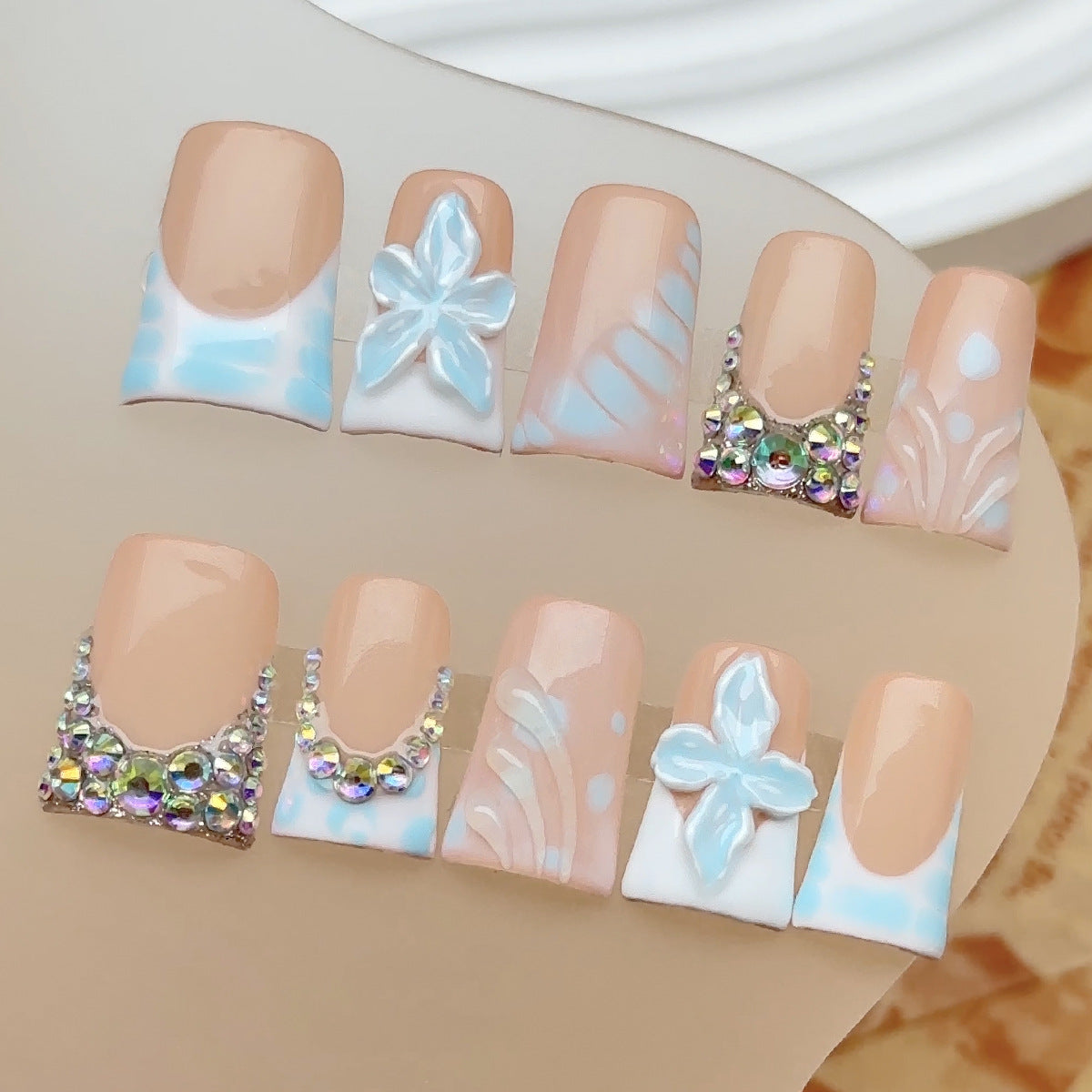 Soft Blue French Tip Press On Nails | 3D Flower Rhinestone False Nails