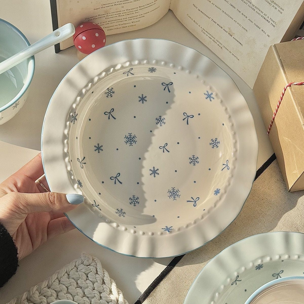 Bibo Winter Snowflake & Bow Ceramic Tableware Set | Cute Blue Scalloped Rim Bowl Plate Spoon Gift Set