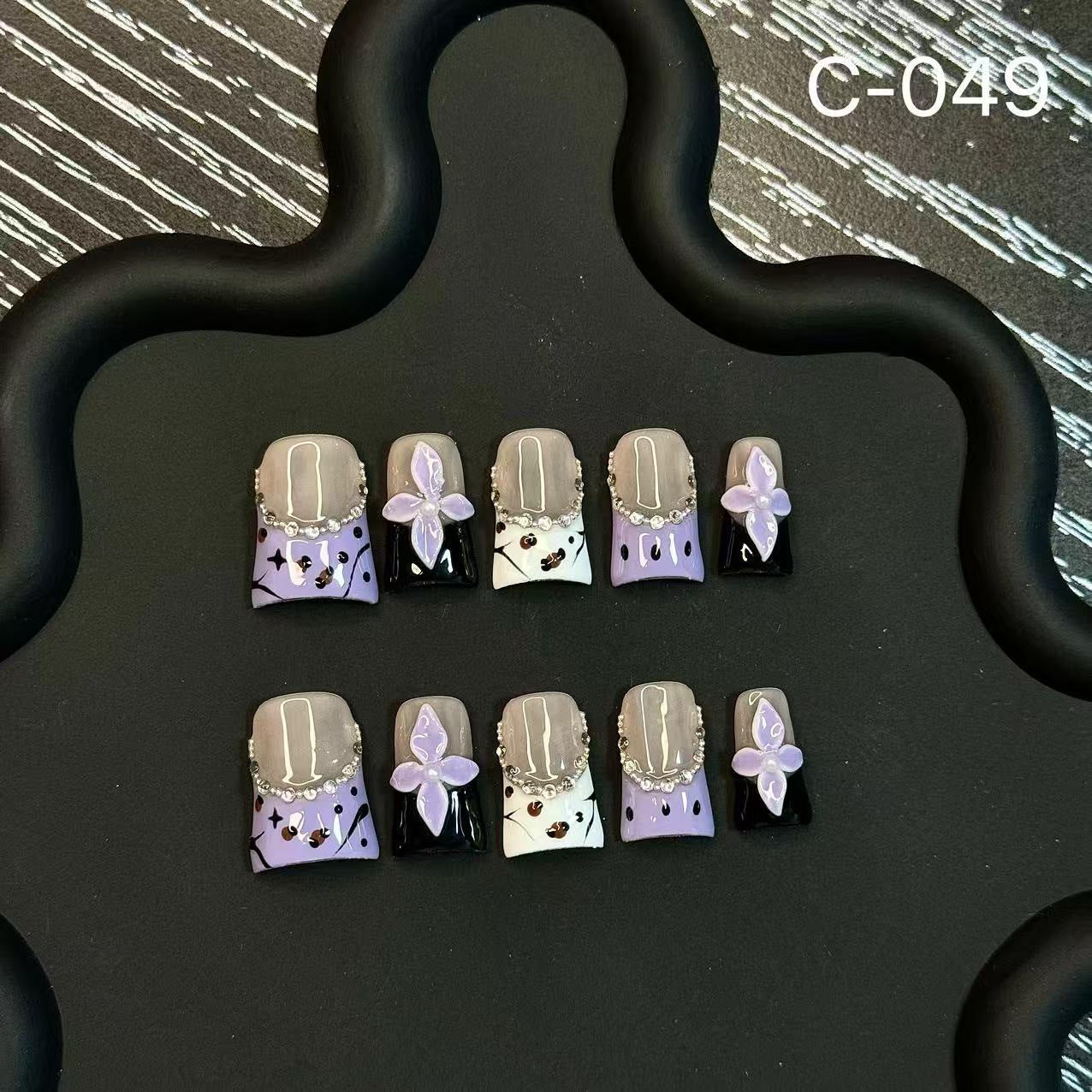 Elegant Purple Flower Press On Nails | Rhinestone French Tip False Nails