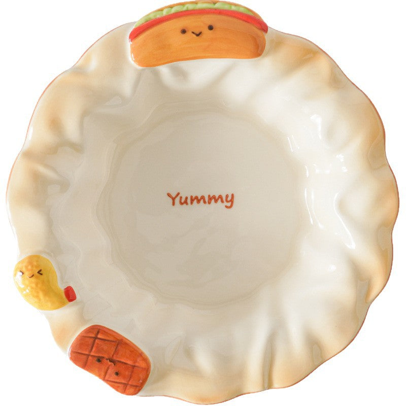 Cute Fast Food 3D Relief Ceramic Tableware Set | Hot Dog Fried Chicken Shaped Bowl Plate Spoon Dinnerware Gift Set
