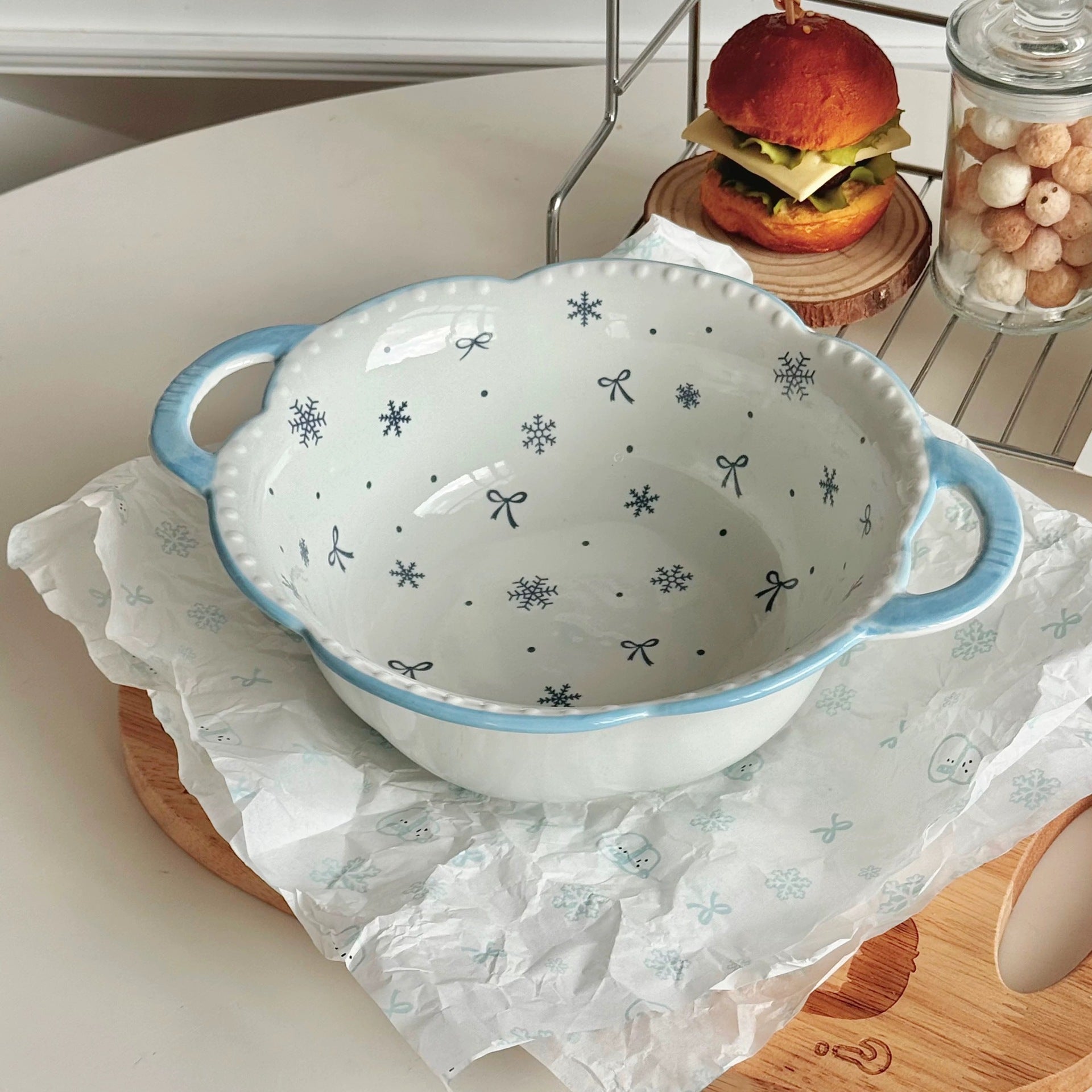 Bibo Winter Snowflake & Bow Ceramic Tableware Set | Cute Blue Scalloped Rim Bowl Plate Spoon Gift Set