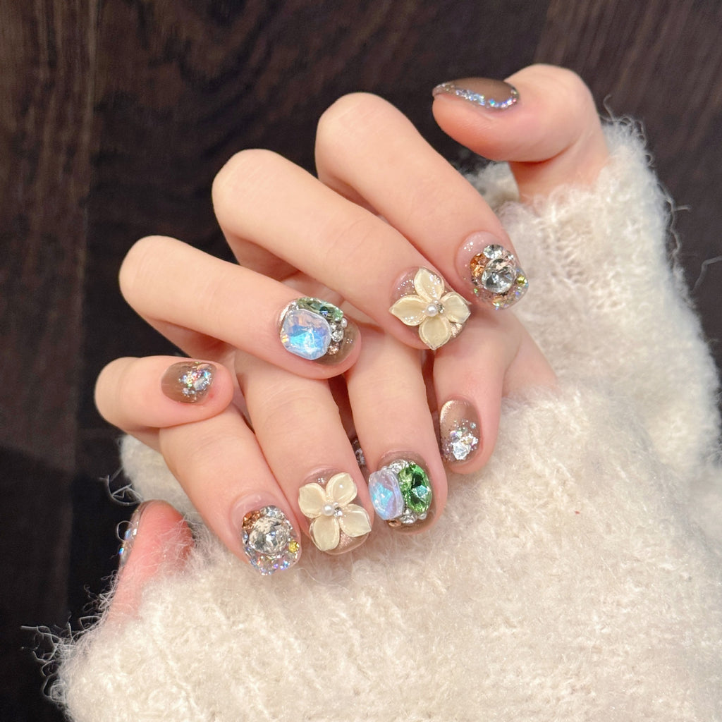 Luxury Nude Cat Eye Press On Nails | 3D Flower Crystal False Nails