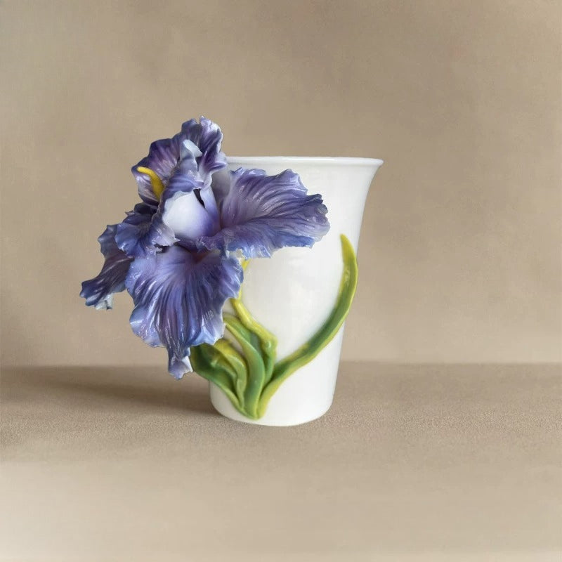Hand‑Sculpted Purple Iris Flower Ceramic Mug | Artisan 3D Iris Coffee Cup Handmade Decorative Tableware
