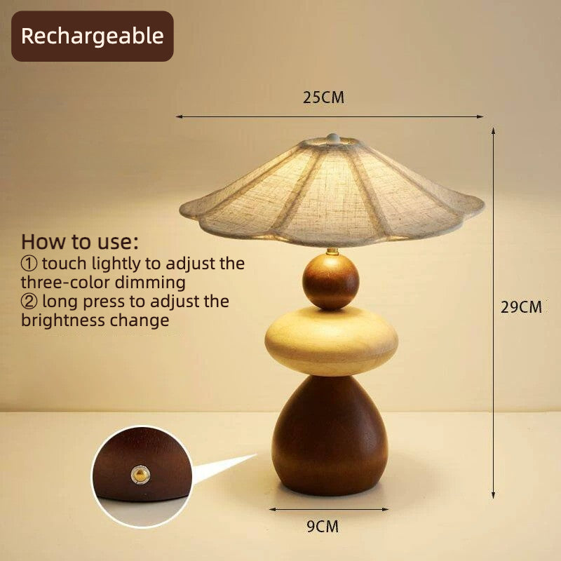 Mid-Century Wooden Table Lamp - Handcrafted Stacked Base with Linen Scalloped Shade