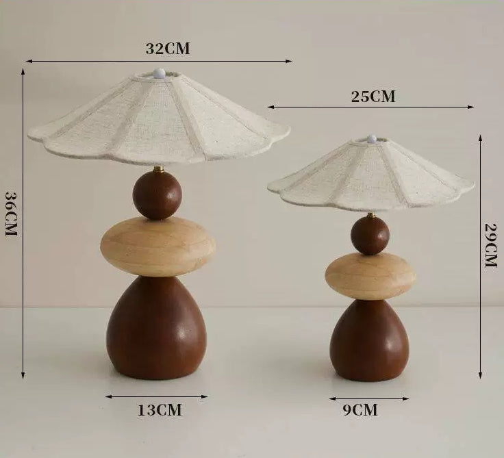 Mid-Century Wooden Table Lamp - Handcrafted Stacked Base with Linen Scalloped Shade
