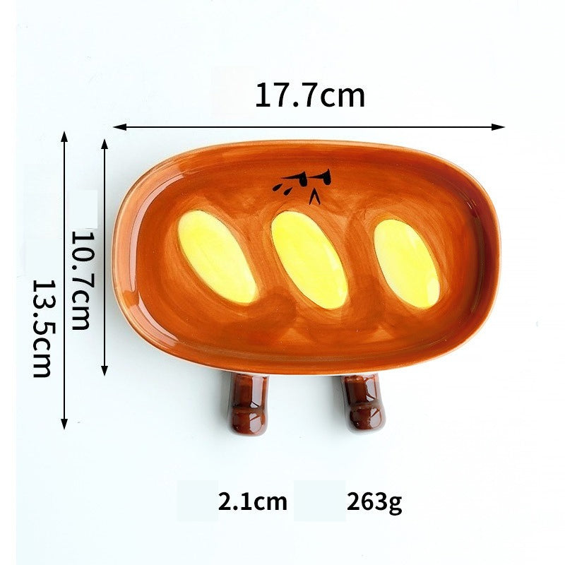 Cute Bread‑Shaped Ceramic Plate Set | 3D Cartoon Toast Design Dishes with Sauce Bowl for Dessert & Snack Serving