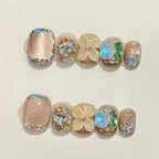 Luxury Nude Cat Eye Press On Nails | 3D Flower Crystal False Nails