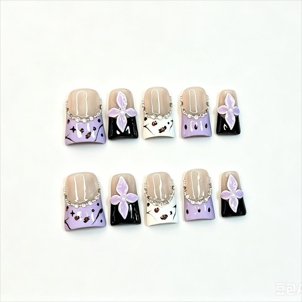Elegant Purple Flower Press On Nails | Rhinestone French Tip False Nails