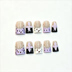 Elegant Purple Flower Press On Nails | Rhinestone French Tip False Nails
