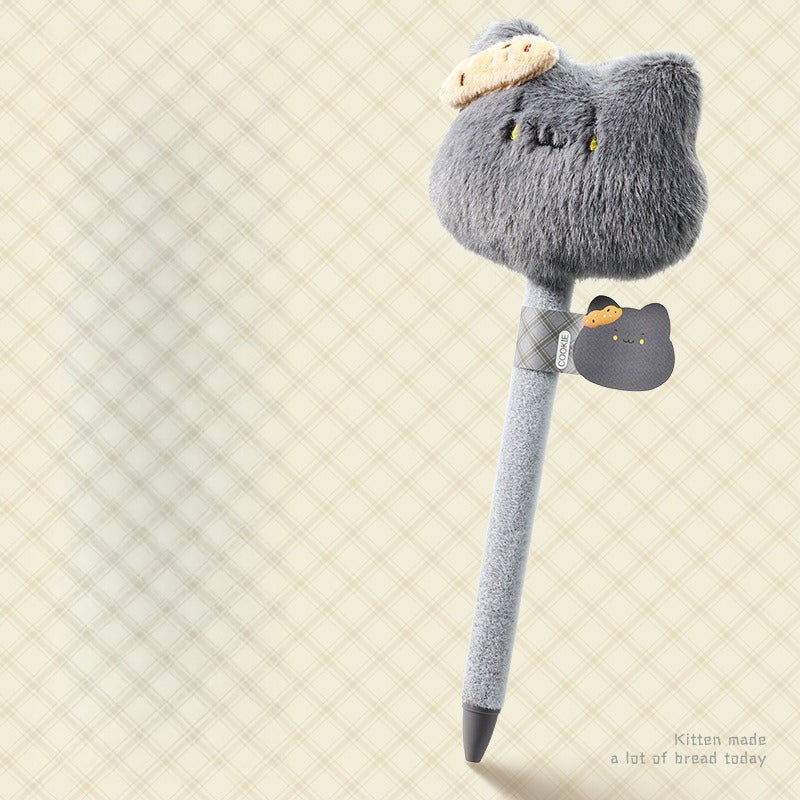 Cute Plush Bread‑Head Cat Retractable Gel Pen | Kawaii Stress Relief Quick‑Dry Black Ink Pen