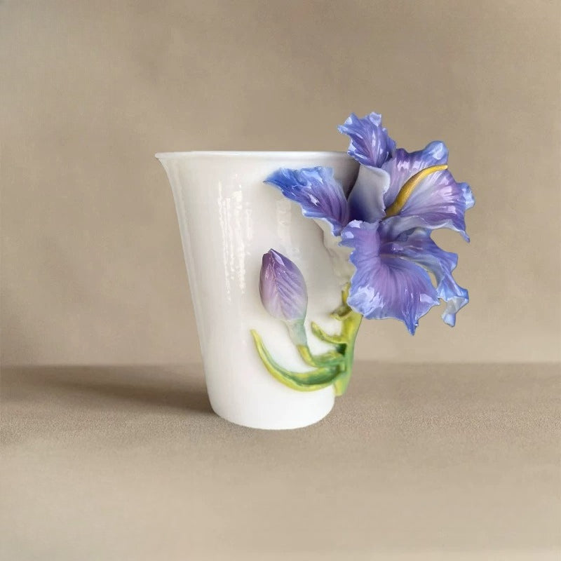 Hand‑Sculpted Purple Iris Flower Ceramic Mug | Artisan 3D Iris Coffee Cup Handmade Decorative Tableware