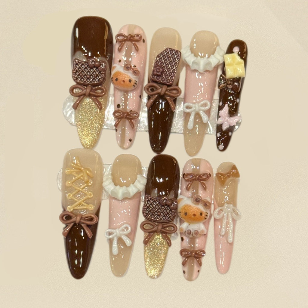 Cute 3D Kitty Bow Press On Nails | Brown Latte Long Almond False Nails