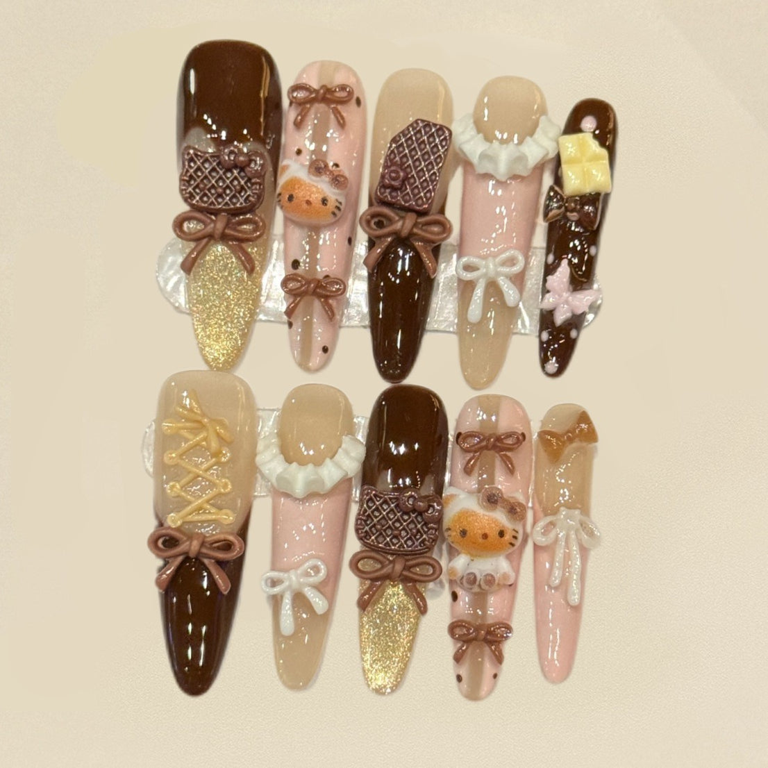 Cute 3D Kitty Bow Press On Nails | Brown Latte Long Almond False Nails