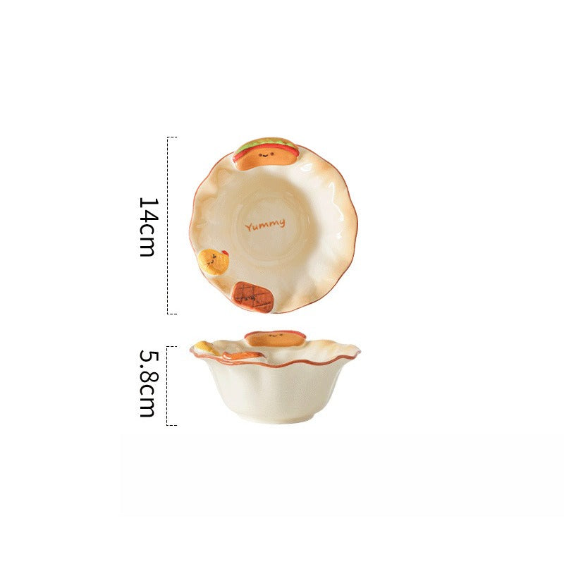 Cute Fast Food 3D Relief Ceramic Tableware Set | Hot Dog Fried Chicken Shaped Bowl Plate Spoon Dinnerware Gift Set