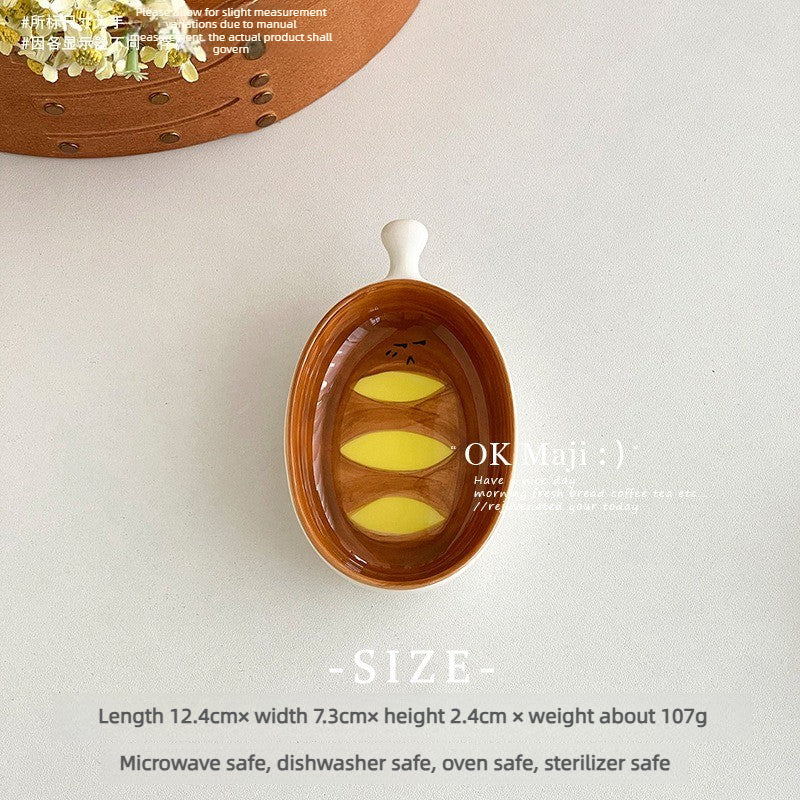 Cute Bread‑Shaped Ceramic Plate Set | 3D Cartoon Toast Design Dishes with Sauce Bowl for Dessert & Snack Serving