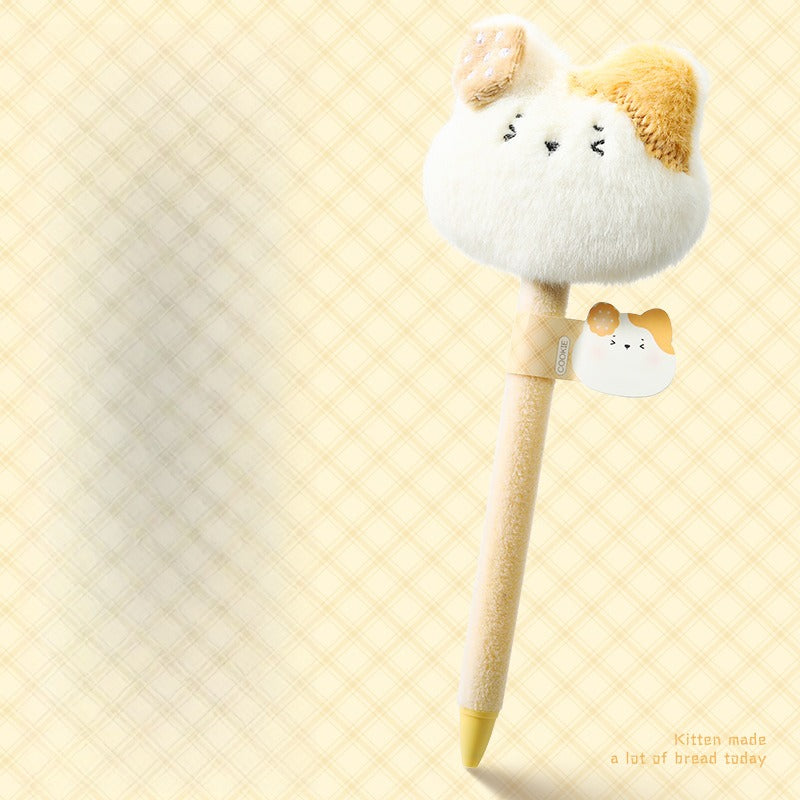 Cute Plush Bread‑Head Cat Retractable Gel Pen | Kawaii Stress Relief Quick‑Dry Black Ink Pen