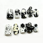 Gothic Music Note Press On Nails | Black White 3D Rose Bow False Nails