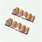 Sweet 3D Heart Rhinestone Press On Nails | Brown Drip Short Square False Nails