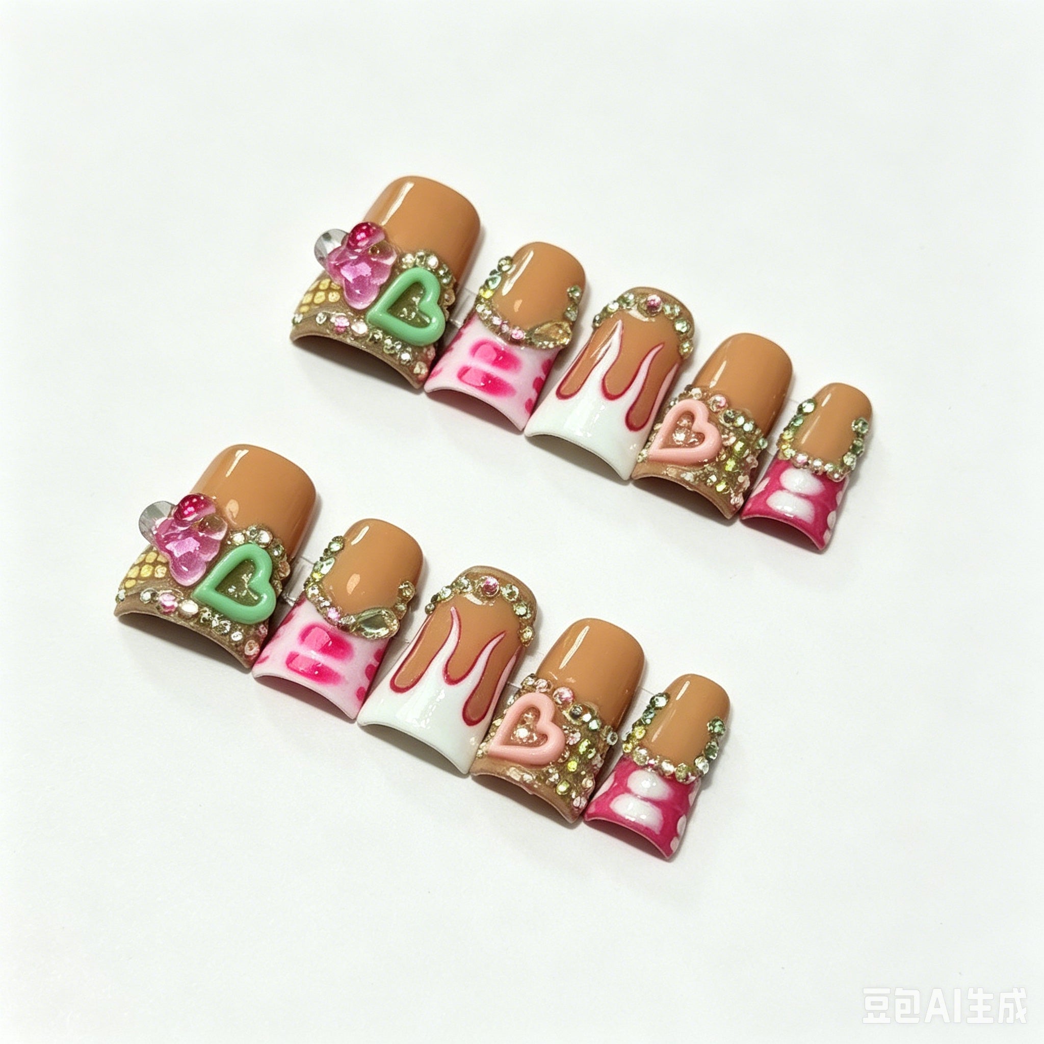 Sweet 3D Heart Rhinestone Press On Nails | Brown Drip Short Square False Nails